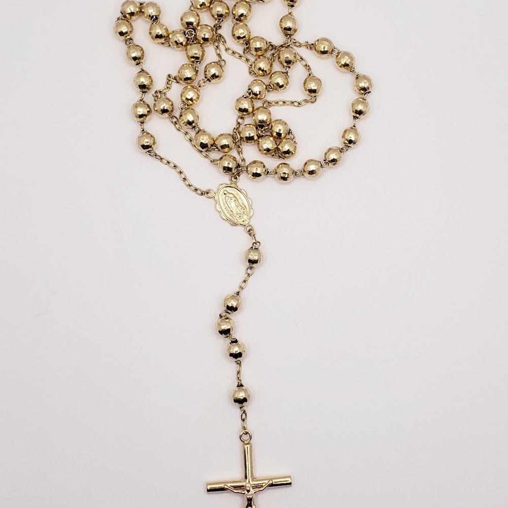 14K Solid Gold 6mm Bead Ball Rosary Necklace 26" Guadalupe Rosario Collar Oro - Picture 9 of 16
